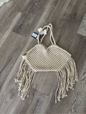Fringe Knit Tote Bag in Cream